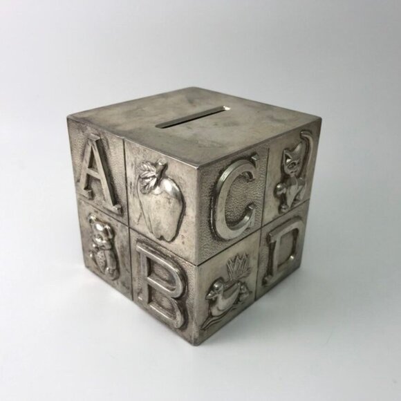 Vintage 80s Silver Plated Metal Coin Savings Bank for Children ABC - Picture 2 of 5